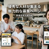 明るく活気ある日本のレストランで、笑顔のチームメンバー(シェフ・サーバー・キッチンスタッフ)が協力的に働き、マネージャーがタブレットで魅力的な求人募集ページを表示している前向きな職場環境の様子。
