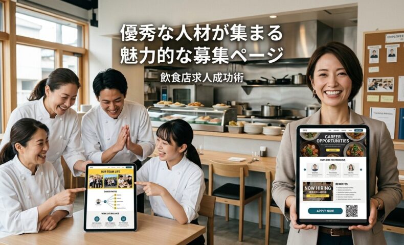 明るく活気ある日本のレストランで、笑顔のチームメンバー（シェフ・サーバー・キッチンスタッフ）が協力的に働き、マネージャーがタブレットで魅力的な求人募集ページを表示している前向きな職場環境の様子。