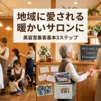 温かく居心地の良い日本の美容室で、右側に優しい笑顔のサロンオーナーが常連客を温かく迎え、背景では多様な年齢の地域住民がスタイリストと旧友のように快適に会話し、壁には手書きの感謝カードや地域イベント参加写真が飾られた愛される近隣サロンの様子。
