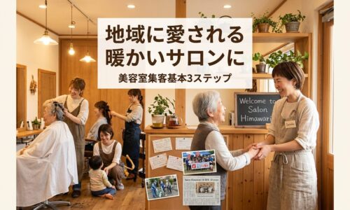 温かく居心地の良い日本の美容室で、右側に優しい笑顔のサロンオーナーが常連客を温かく迎え、背景では多様な年齢の地域住民がスタイリストと旧友のように快適に会話し、壁には手書きの感謝カードや地域イベント参加写真が飾られた愛される近隣サロンの様子。