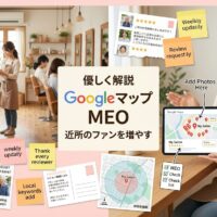 明るく歓迎的な日本の美容室で、右側にフレンドリーなサロンオーナーがタブレットでGoogleマップインターフェース(サロンのピン・5つ星レビュー・近隣顧客の位置)を優しく教えるように見せ、背景では居心地の良い近隣密着サロン内で地域常連客が温かく施術を受けている初心者に優しいMEO学習の様子。明るく歓迎的な日本の美容室で、右側にフレンドリーなサロンオーナーがタブレットでGoogleマップインターフェース(サロンのピン・5つ星レビュー・近隣顧客の位置)を優しく教えるように見せ、背景では居心地の良い近隣密着サロン内で地域常連客が温かく施術を受けている初心者に優しいMEO学習の様子。