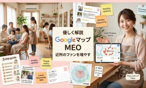 明るく歓迎的な日本の美容室で、右側にフレンドリーなサロンオーナーがタブレットでGoogleマップインターフェース(サロンのピン・5つ星レビュー・近隣顧客の位置)を優しく教えるように見せ、背景では居心地の良い近隣密着サロン内で地域常連客が温かく施術を受けている初心者に優しいMEO学習の様子。明るく歓迎的な日本の美容室で、右側にフレンドリーなサロンオーナーがタブレットでGoogleマップインターフェース(サロンのピン・5つ星レビュー・近隣顧客の位置)を優しく教えるように見せ、背景では居心地の良い近隣密着サロン内で地域常連客が温かく施術を受けている初心者に優しいMEO学習の様子。