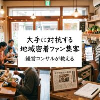 温かみのある地域密着型日本レストランで、常連客と親しく会話しながらスマートフォンで顧客メッセージを確認する笑顔のオーナーと、背景で食事を楽しむ地域住民の家族や常連客が見える本物のコミュニティ空間。