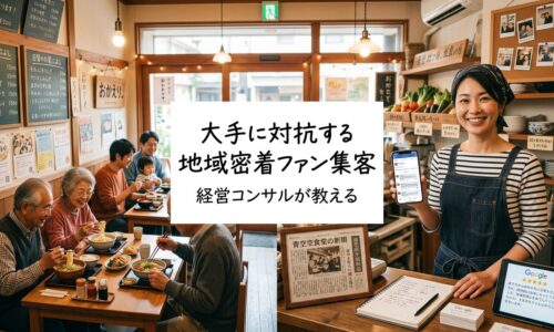 温かみのある地域密着型日本レストランで、常連客と親しく会話しながらスマートフォンで顧客メッセージを確認する笑顔のオーナーと、背景で食事を楽しむ地域住民の家族や常連客が見える本物のコミュニティ空間。