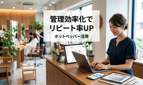 スタイリッシュな日本の美容サロンで自信に満ちたサロンオーナーがノートパソコンでホットペッパービューティーの管理画面を効率的に操作し、背景には清潔で整理されたトリートメントエリアが見える様子