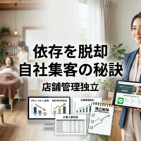 明るく現代的な日本の美容サロンで自信に満ちたサロンオーナーがノートパソコンで自社の独立したマーケティングプラットフォームを確認し、背景には整理されたサロン内装とデジタルツールが見える自立した店舗運営の様子。