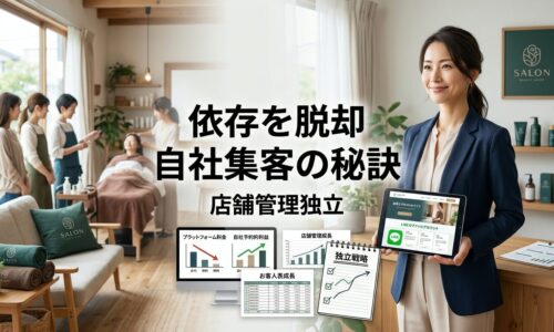 明るく現代的な日本の美容サロンで自信に満ちたサロンオーナーがノートパソコンで自社の独立したマーケティングプラットフォームを確認し、背景には整理されたサロン内装とデジタルツールが見える自立した店舗運営の様子。