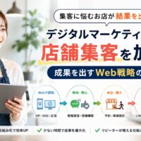 タブレットを持つ店舗オーナーと、Webでの認知から興味・関心、来店・購入、リピートまでの流れを表現したデジタルマーケティングのアイキャッチ画像